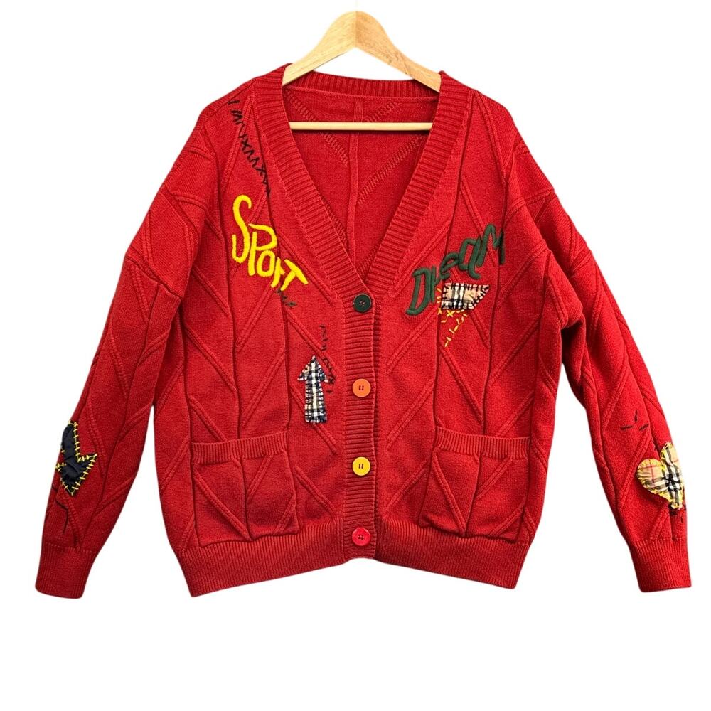 Ebossy Red Knit Embroidered Sport Dream Button Cardigan Sweater Women XXL